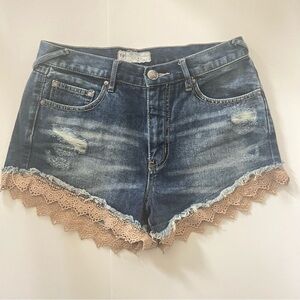Free People Blue and Tan Jean Shorts with Lace Trim